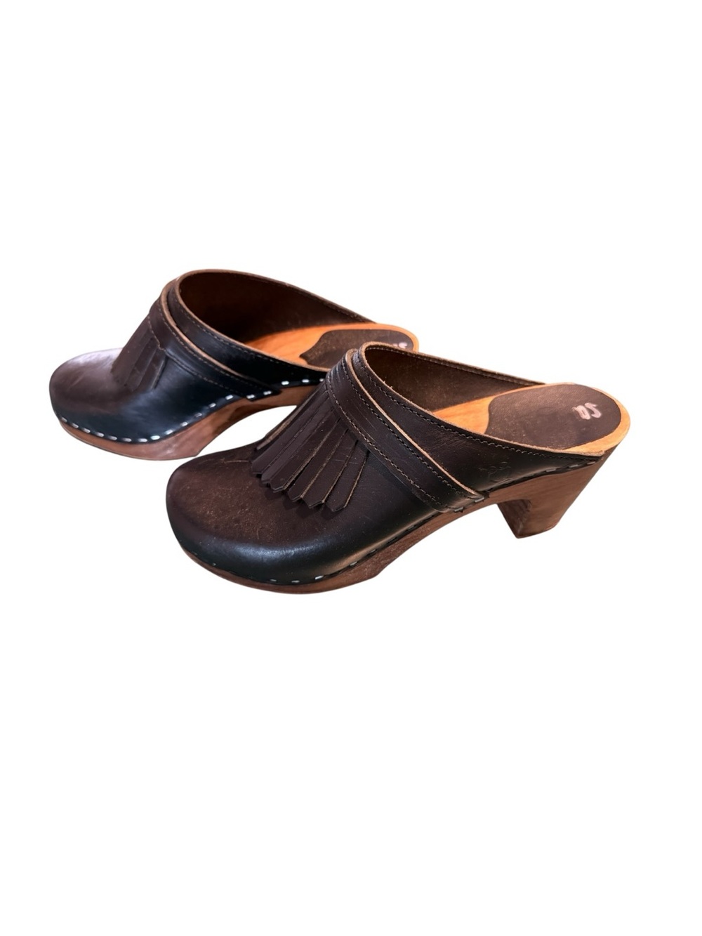 Fringed Black Leather Clog Mules with Stacked Heel
